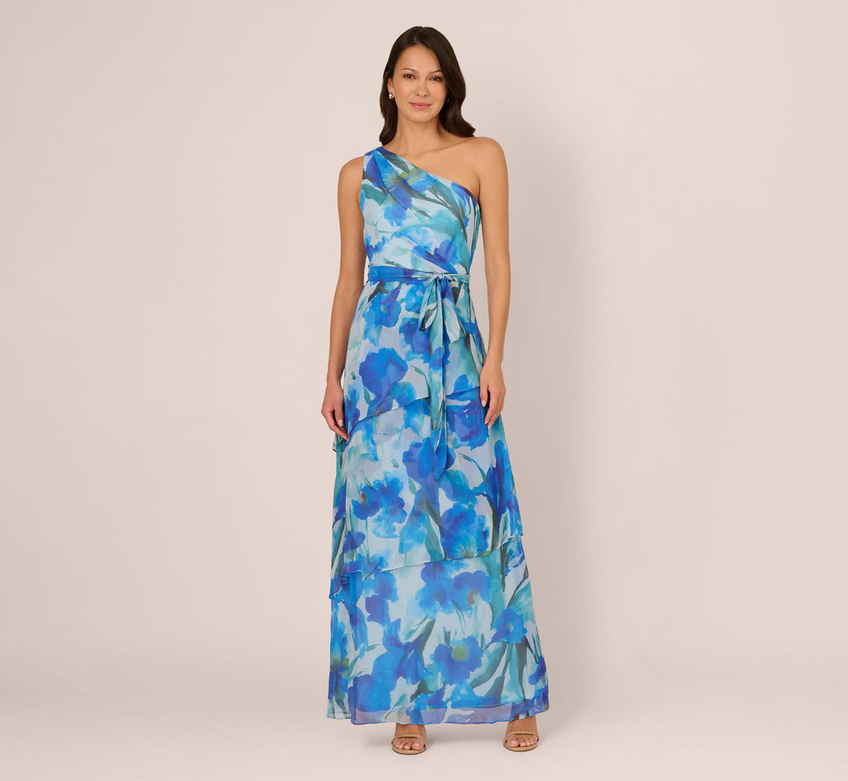 One Shoulder Tiered Floral Chiffon Gown - Blue Multi | Adrianna Papell