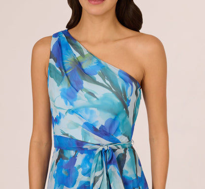 One Shoulder Tiered Floral Chiffon Gown - Blue Multi | Adrianna Papell