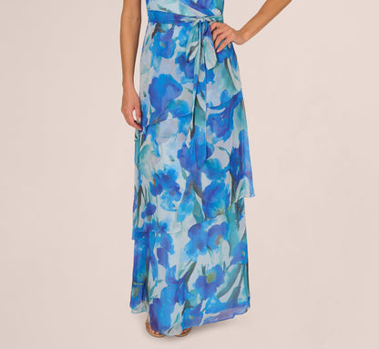 One Shoulder Tiered Floral Chiffon Gown - Blue Multi | Adrianna Papell