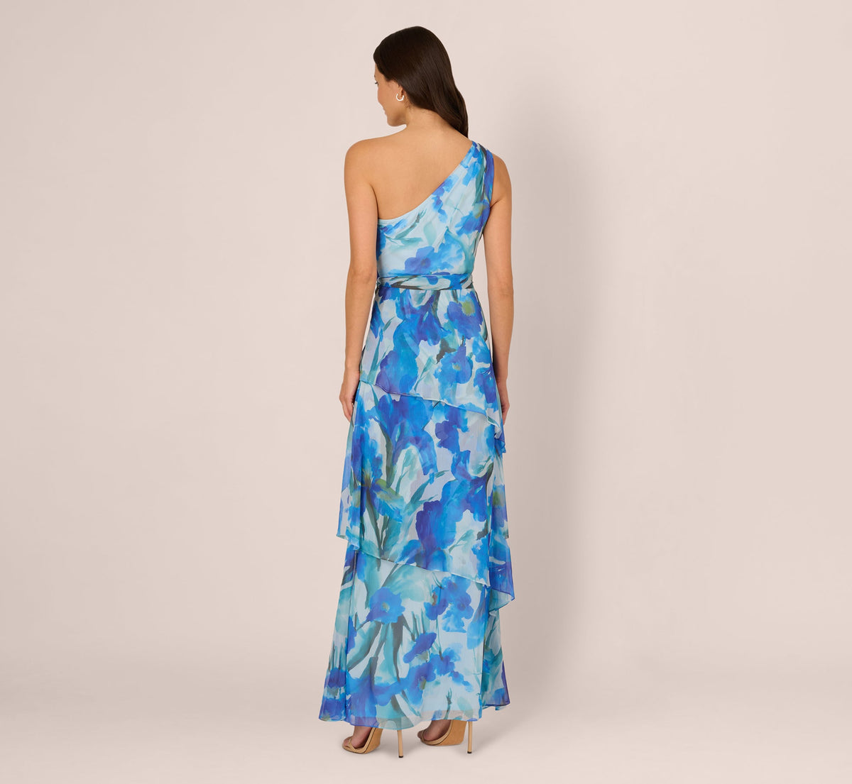 One Shoulder Tiered Floral Chiffon Gown - Blue Multi | Adrianna Papell