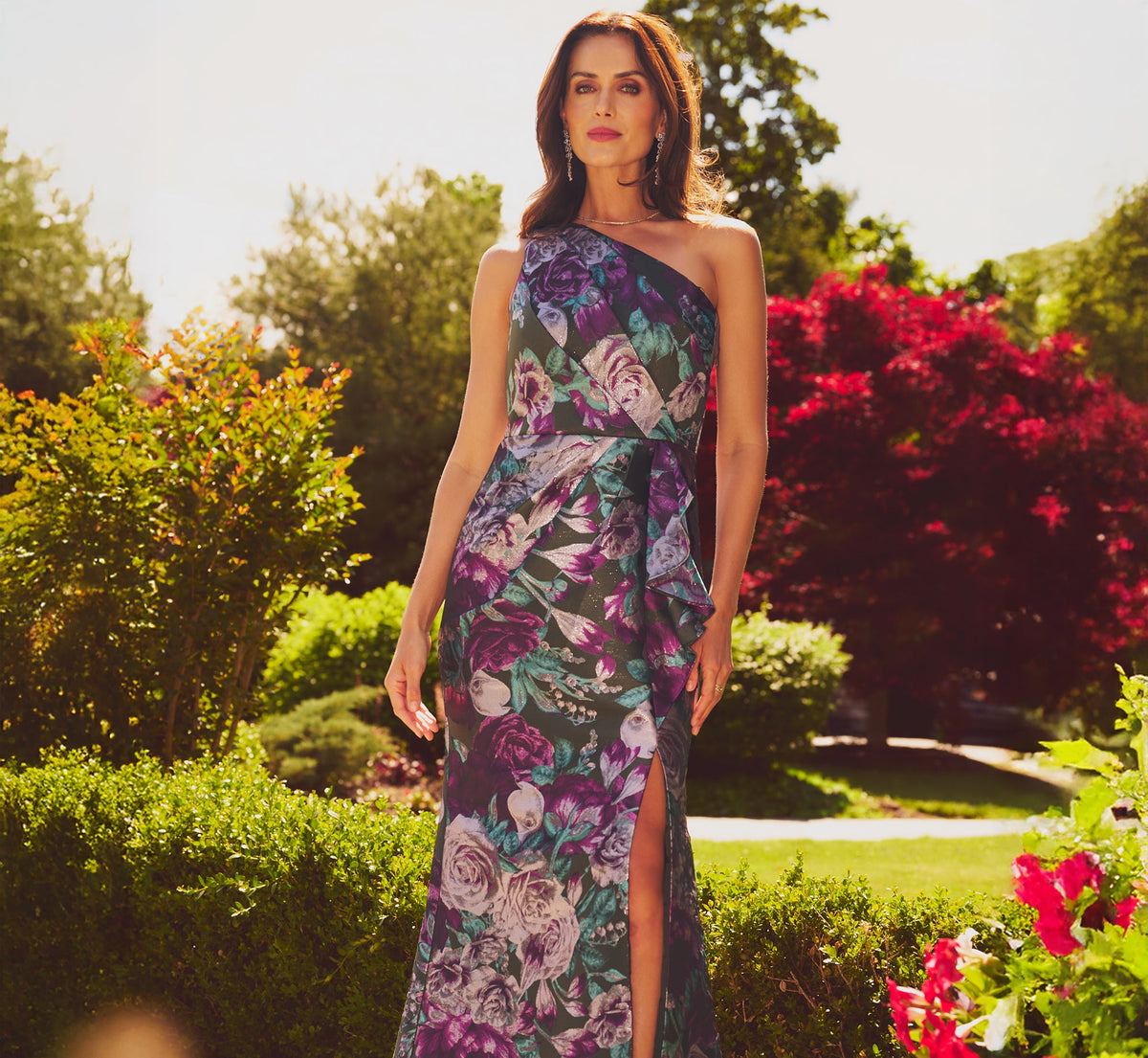 One Shoulder Rose Garden Jacquard Mermaid Gown - Green Multi | Adrianna Papell