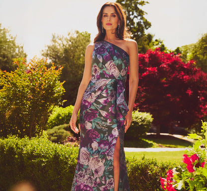 One Shoulder Rose Garden Jacquard Mermaid Gown - Green Multi | Adrianna Papell