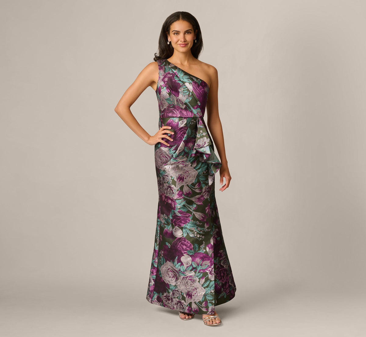 One Shoulder Rose Garden Jacquard Mermaid Gown - Green Multi | Adrianna Papell