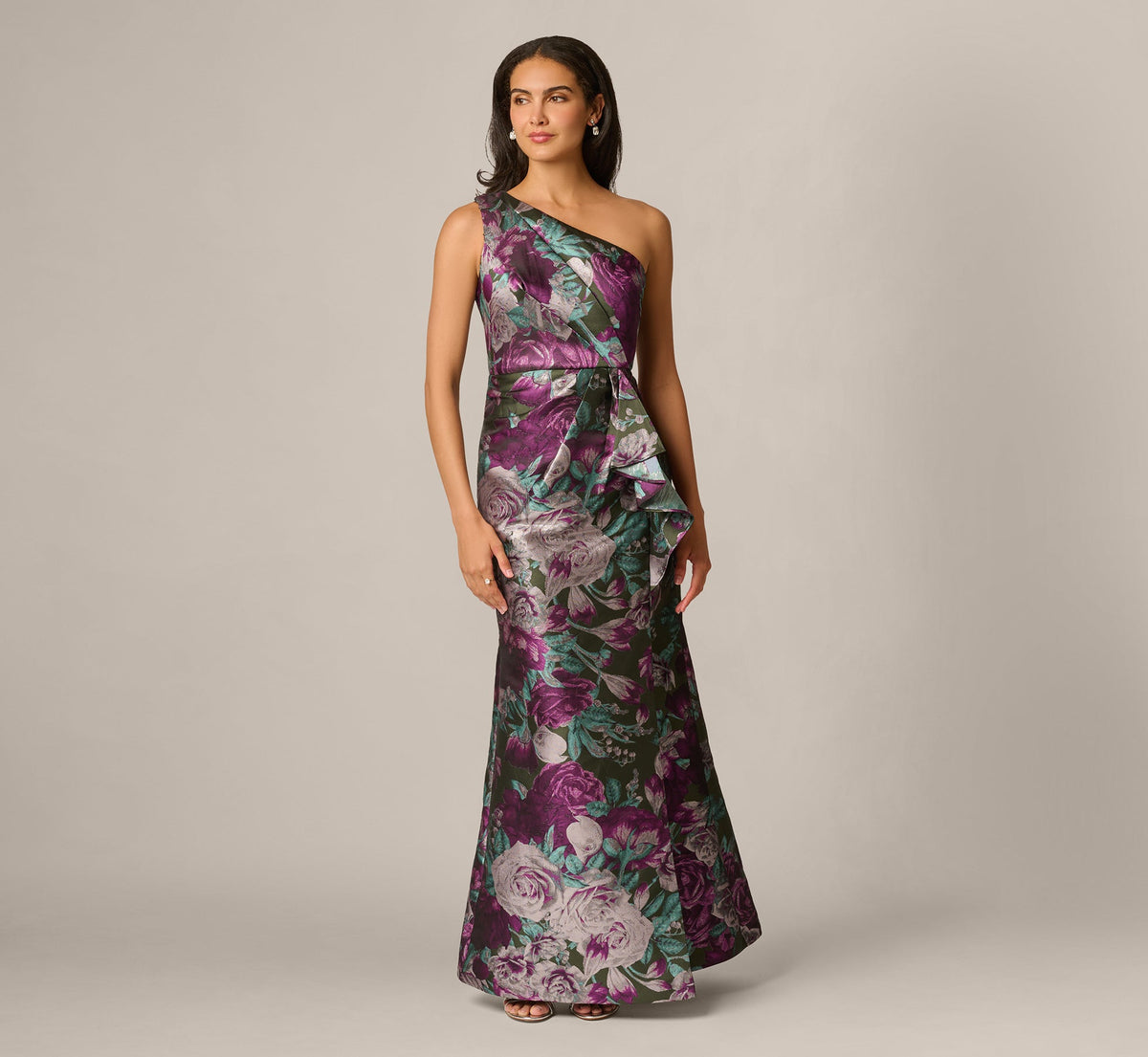 One Shoulder Rose Garden Jacquard Mermaid Gown - Green Multi | Adrianna Papell