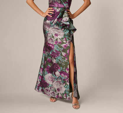 One Shoulder Rose Garden Jacquard Mermaid Gown - Green Multi | Adrianna Papell