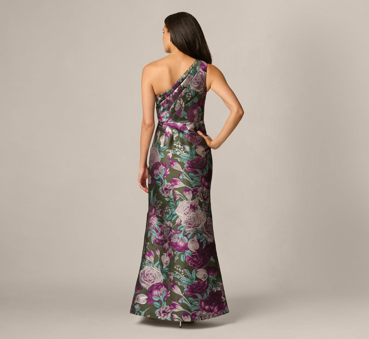 One Shoulder Rose Garden Jacquard Mermaid Gown - Green Multi | Adrianna Papell