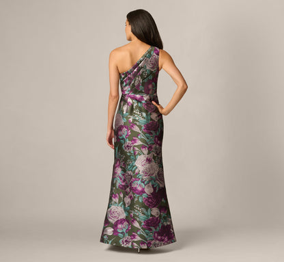 One Shoulder Rose Garden Jacquard Mermaid Gown - Green Multi | Adrianna Papell