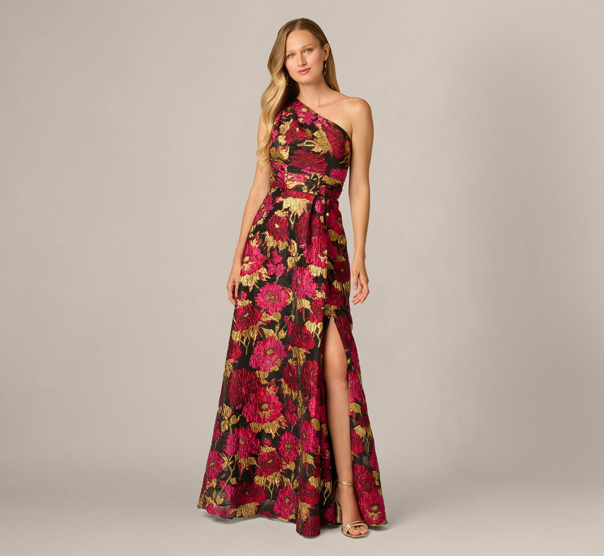 One Shoulder Metallic Floral Jacquard Gown - Black Pink Multi | Adrianna Papell