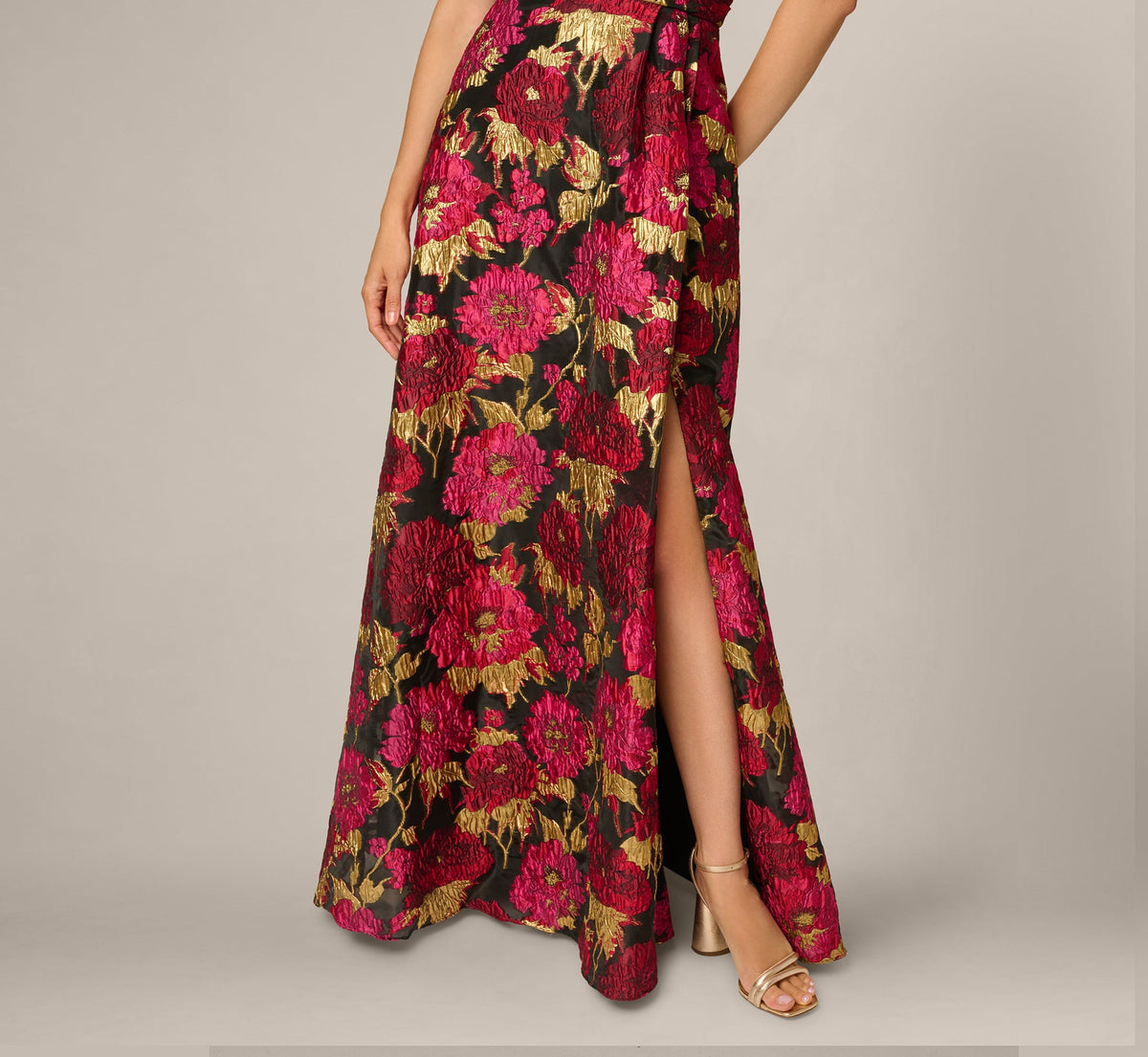 One Shoulder Metallic Floral Jacquard Gown - Black Pink Multi | Adrianna Papell