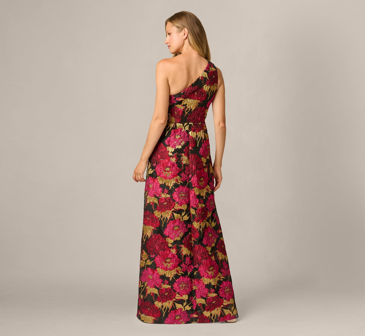 One Shoulder Metallic Floral Jacquard Gown - Black Pink Multi | Adrianna Papell
