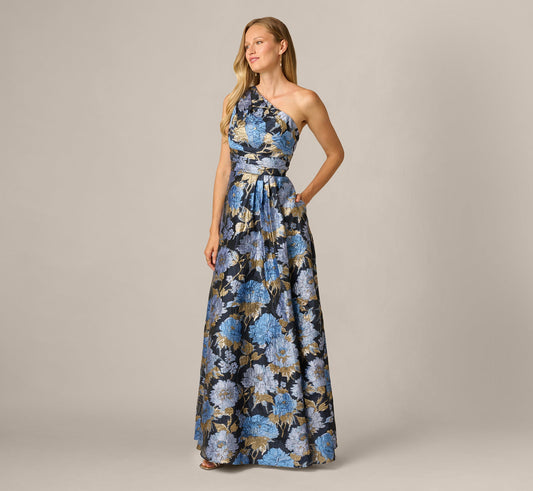 One Shoulder Metallic Floral Jacquard Gown - Navy Blue Multi | Adrianna Papell