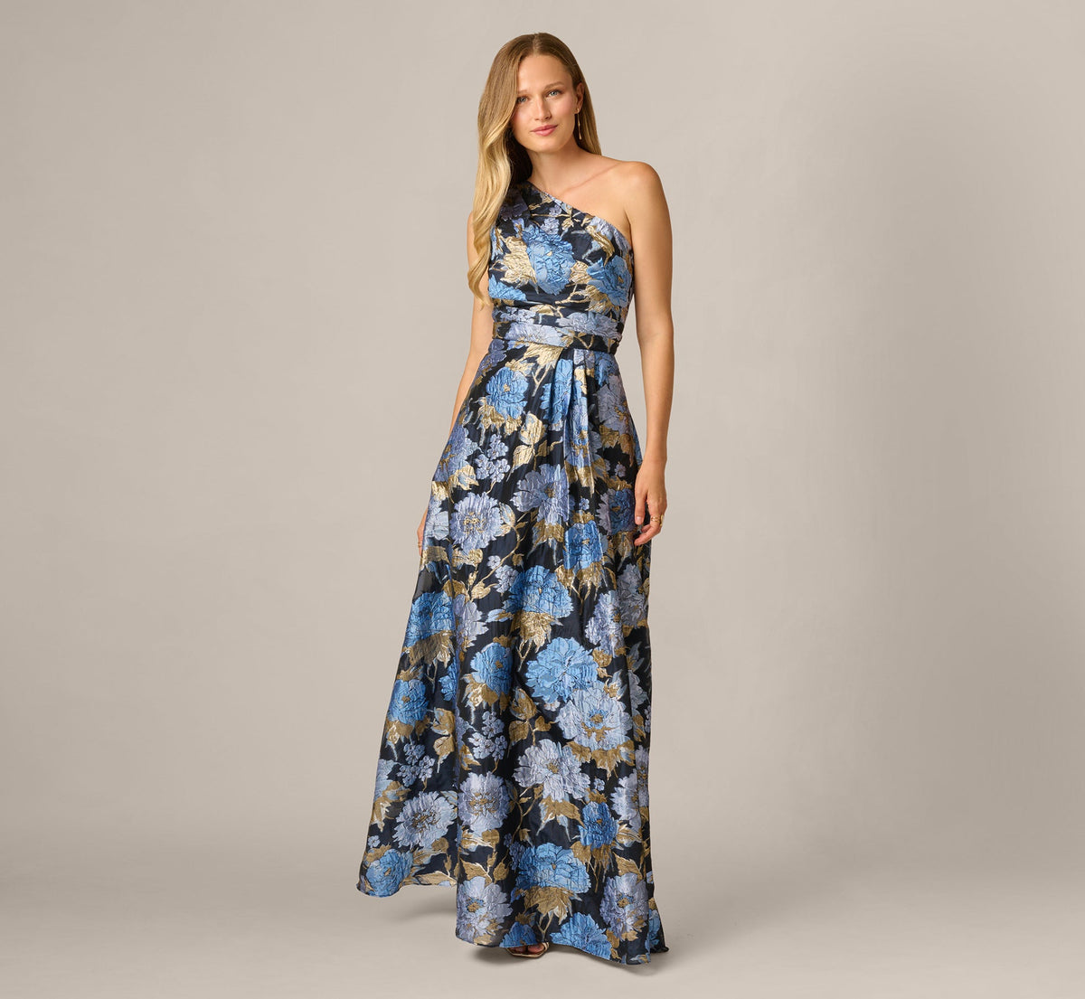 One Shoulder Metallic Floral Jacquard Gown - Navy Blue Multi | Adrianna Papell
