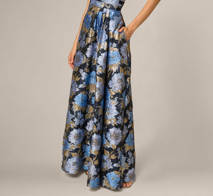 One Shoulder Metallic Floral Jacquard Gown - Navy Blue Multi | Adrianna Papell