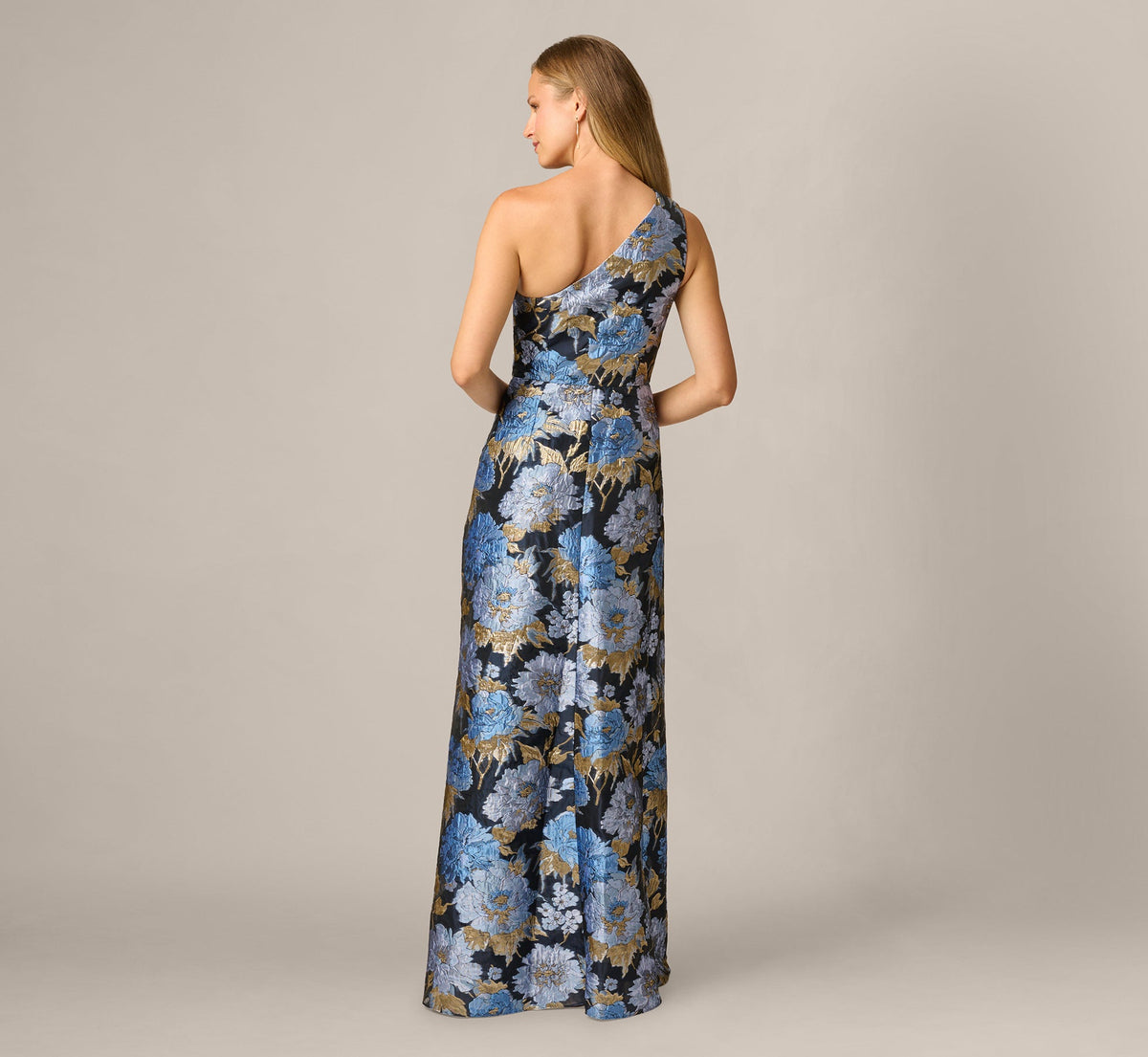 One Shoulder Metallic Floral Jacquard Gown - Navy Blue Multi | Adrianna Papell