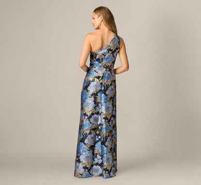 One Shoulder Metallic Floral Jacquard Gown - Navy Blue Multi | Adrianna Papell