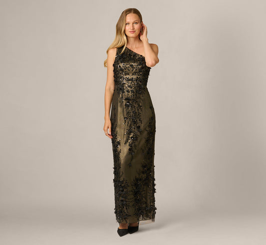 One Shoulder 3D Floral Sequin Beaded Gown - Black Gold | Adrianna Papell
