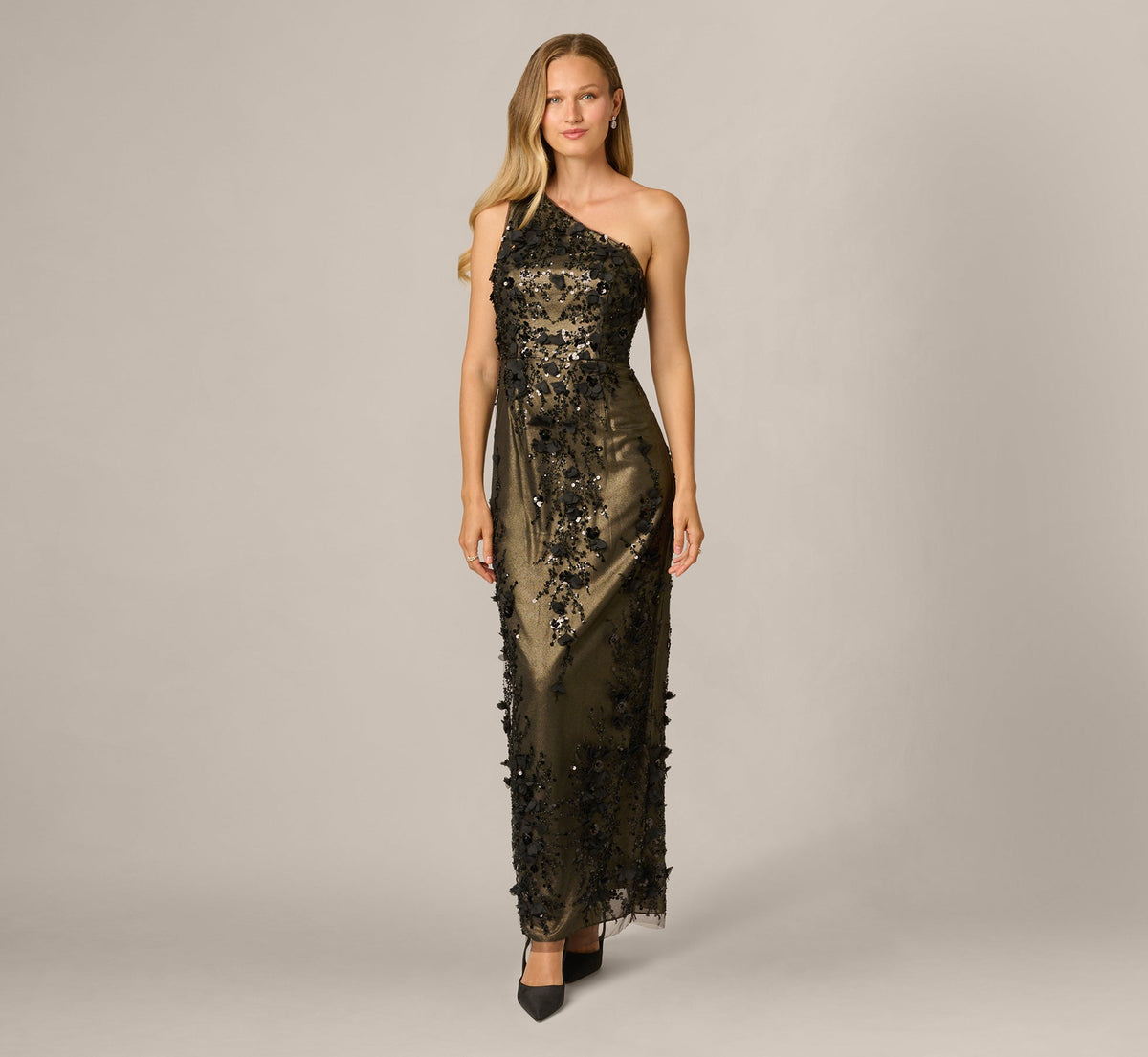One Shoulder 3D Floral Sequin Beaded Gown - Black Gold | Adrianna Papell