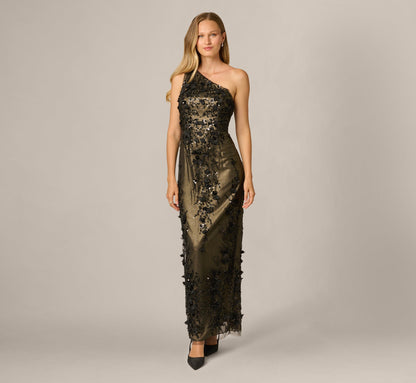 One Shoulder 3D Floral Sequin Beaded Gown - Black Gold | Adrianna Papell