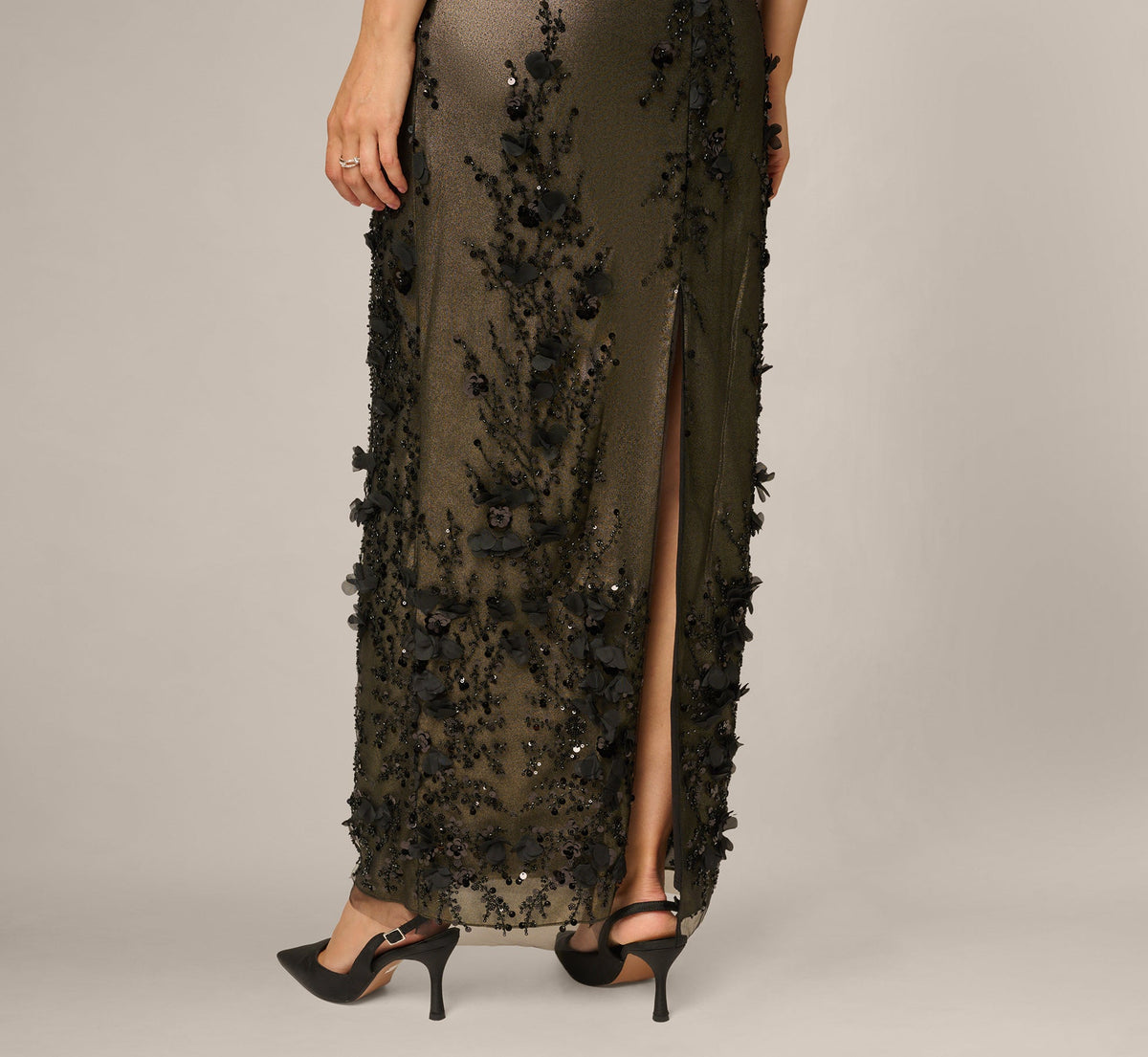 One Shoulder 3D Floral Sequin Beaded Gown - Black Gold | Adrianna Papell