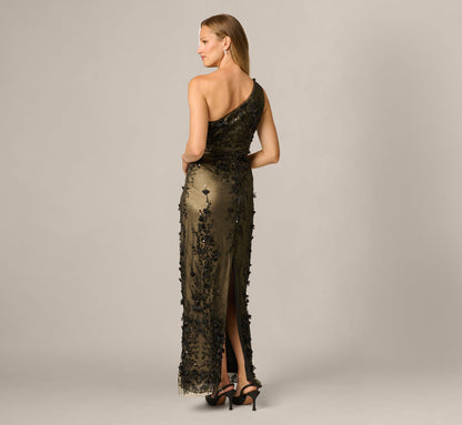 One Shoulder 3D Floral Sequin Beaded Gown - Black Gold | Adrianna Papell