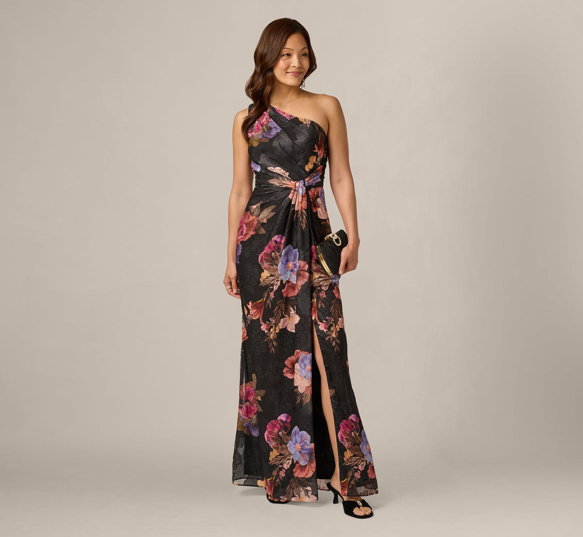 One Shoulder Knot Waist Floral Chiffon Gown - Black Multi | Adrianna Papell