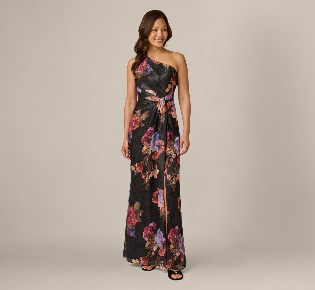 One Shoulder Knot Waist Floral Chiffon Gown - Black Multi | Adrianna Papell