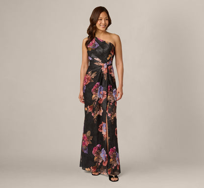 One Shoulder Knot Waist Floral Chiffon Gown - Black Multi | Adrianna Papell