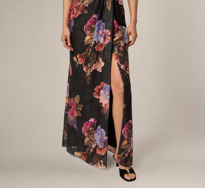 One Shoulder Knot Waist Floral Chiffon Gown - Black Multi | Adrianna Papell