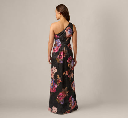 One Shoulder Knot Waist Floral Chiffon Gown - Black Multi | Adrianna Papell