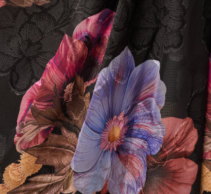 One Shoulder Knot Waist Floral Chiffon Gown - Black Multi | Adrianna Papell