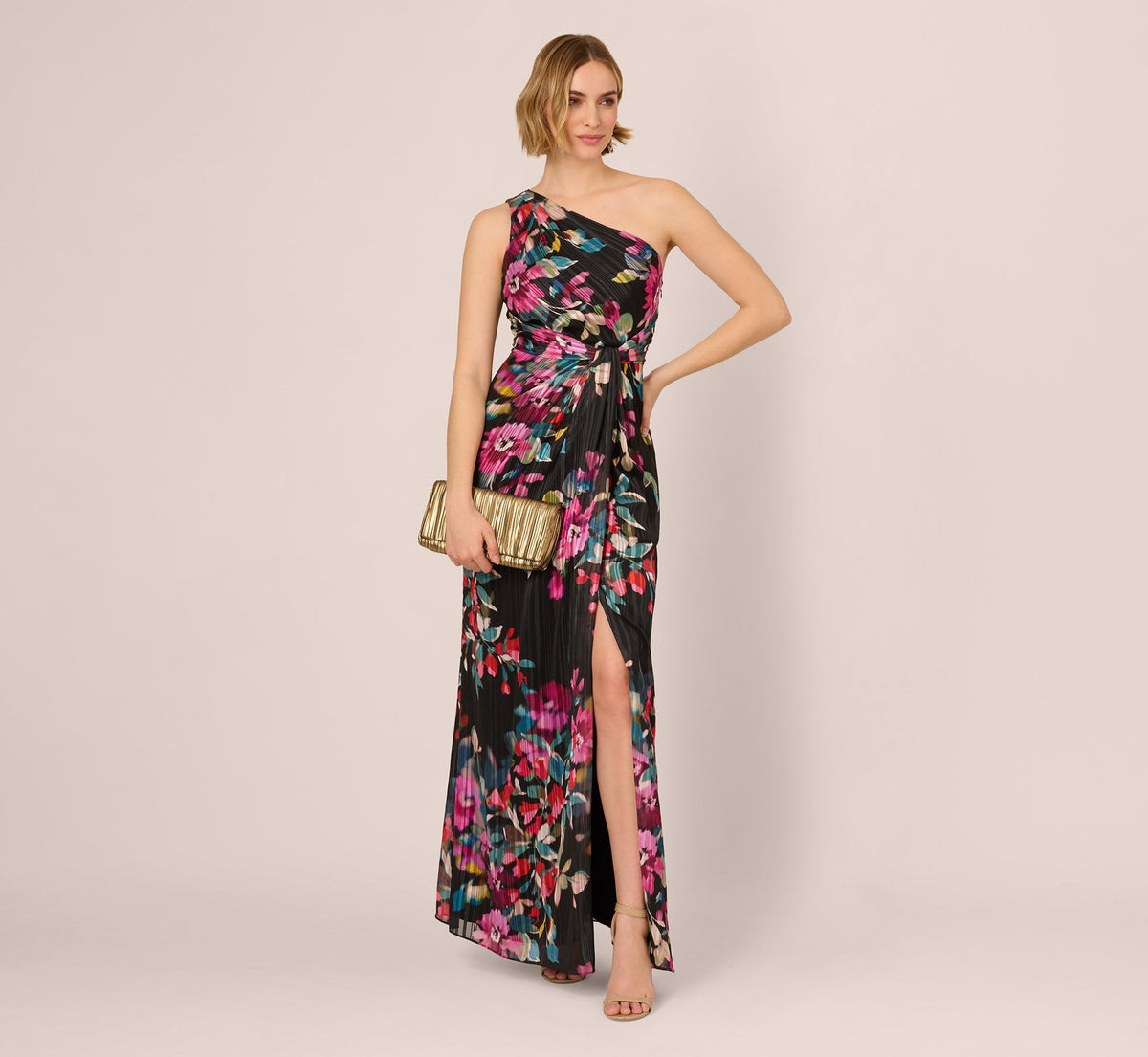 One Shoulder Metallic Floral Stripe Gown - Black Multi | Adrianna Papell