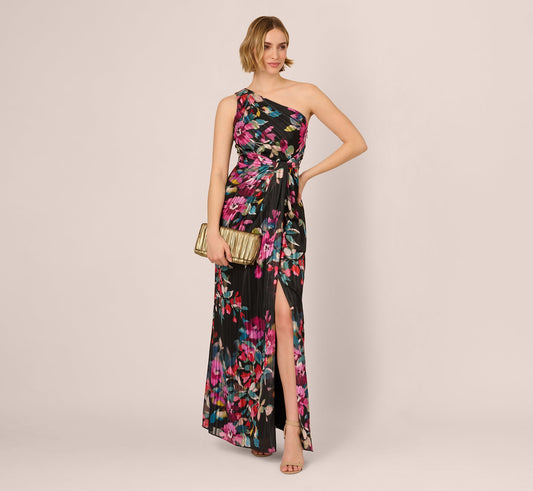 One Shoulder Metallic Floral Stripe Gown - Black Multi | Adrianna Papell