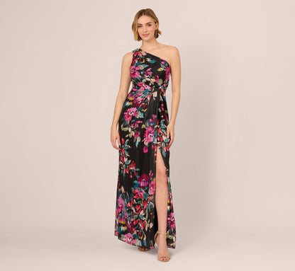 One Shoulder Metallic Floral Stripe Gown - Black Multi | Adrianna Papell
