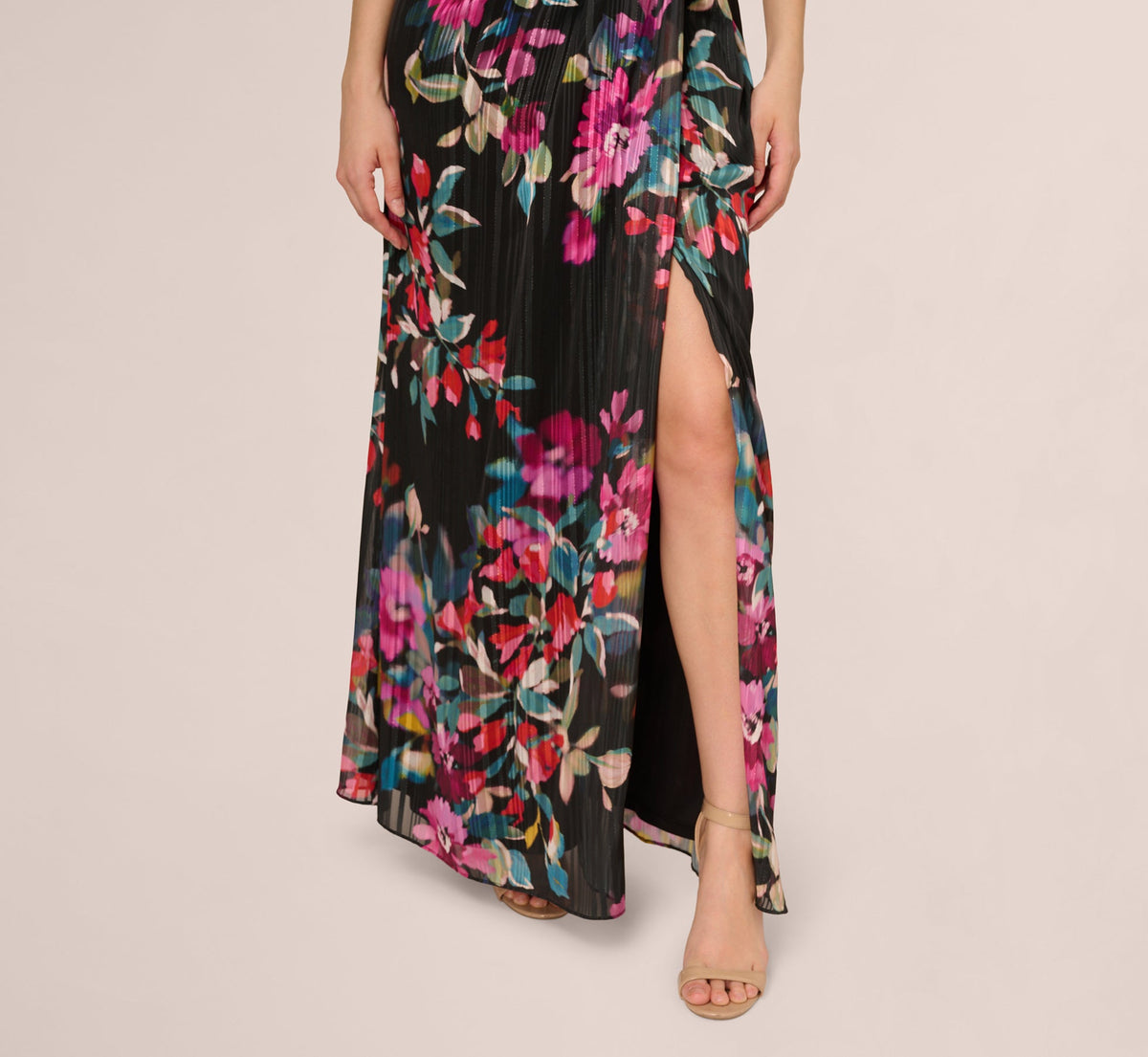 One Shoulder Metallic Floral Stripe Gown - Black Multi | Adrianna Papell