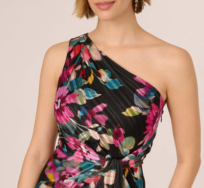 One Shoulder Metallic Floral Stripe Gown - Black Multi | Adrianna Papell