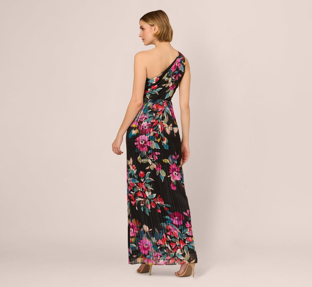 One Shoulder Metallic Floral Stripe Gown - Black Multi | Adrianna Papell
