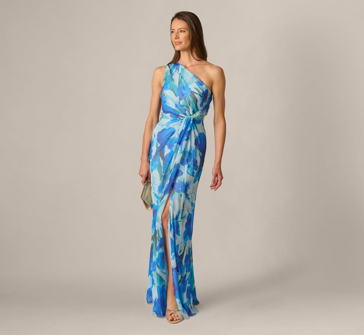 One Shoulder Floral Chiffon Draped Gown - Blue Multi | Adrianna Papell
