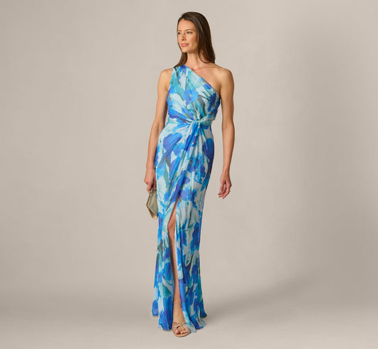 One Shoulder Floral Chiffon Draped Gown - Blue Multi | Adrianna Papell