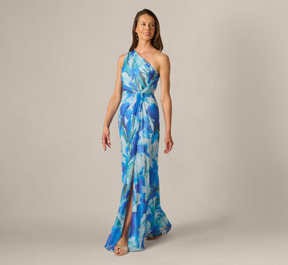 One Shoulder Floral Chiffon Draped Gown - Blue Multi | Adrianna Papell