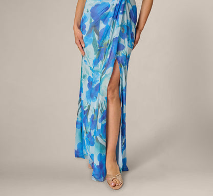 One Shoulder Floral Chiffon Draped Gown - Blue Multi | Adrianna Papell
