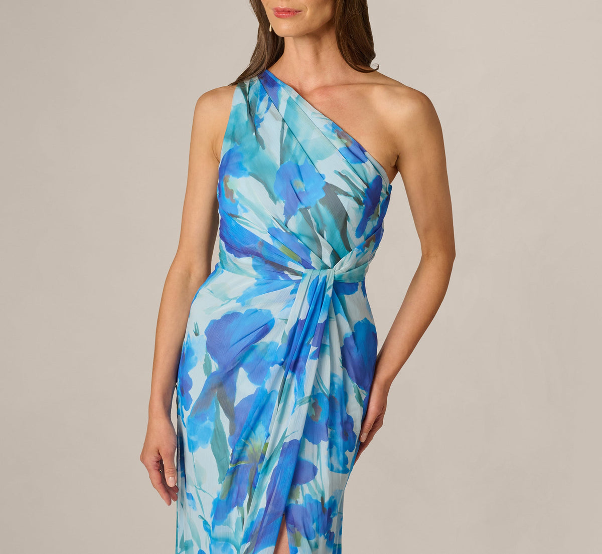 One Shoulder Floral Chiffon Draped Gown - Blue Multi | Adrianna Papell