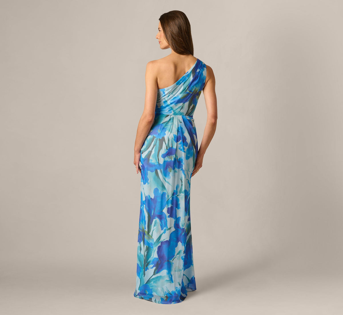 One Shoulder Floral Chiffon Draped Gown - Blue Multi | Adrianna Papell