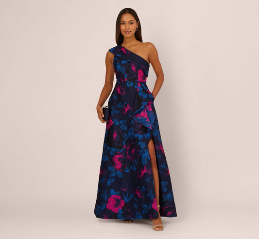 One Shoulder Floral Jacquard A Line Gown - Navy Orchid | Adrianna Papell