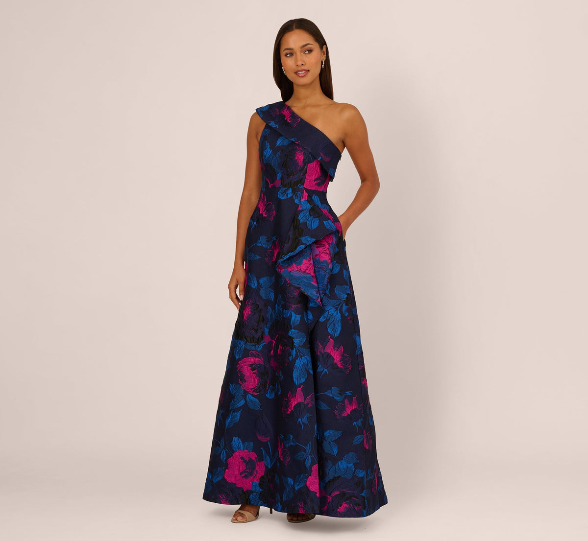 One Shoulder Floral Jacquard A Line Gown - Navy Orchid | Adrianna Papell
