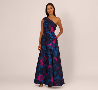 One Shoulder Floral Jacquard A Line Gown - Navy Orchid | Adrianna Papell