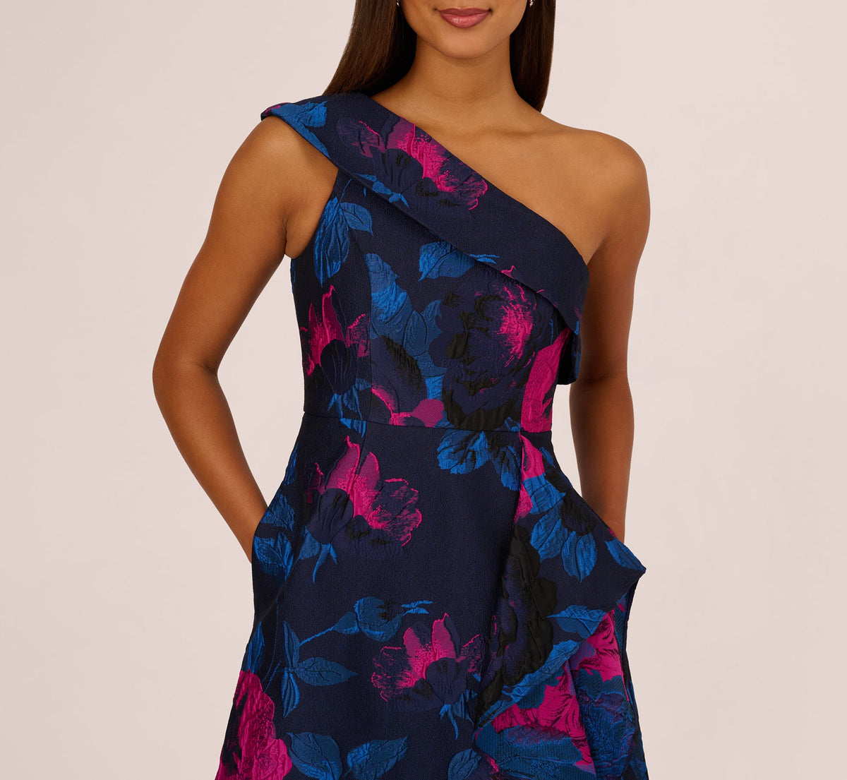 One Shoulder Floral Jacquard A Line Gown - Navy Orchid | Adrianna Papell