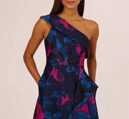 One Shoulder Floral Jacquard A Line Gown - Navy Orchid | Adrianna Papell