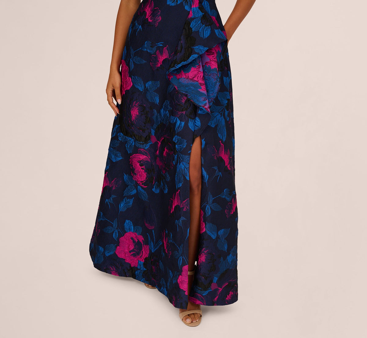 One Shoulder Floral Jacquard A Line Gown - Navy Orchid | Adrianna Papell