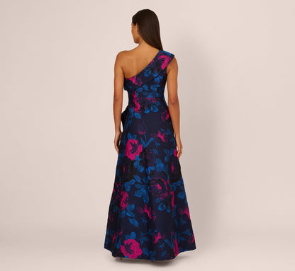 One Shoulder Floral Jacquard A Line Gown - Navy Orchid | Adrianna Papell