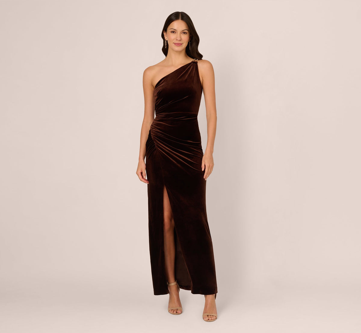 One Shoulder Draped Velvet Gown With Chain Accent - Dark Brown | Adrianna Papell